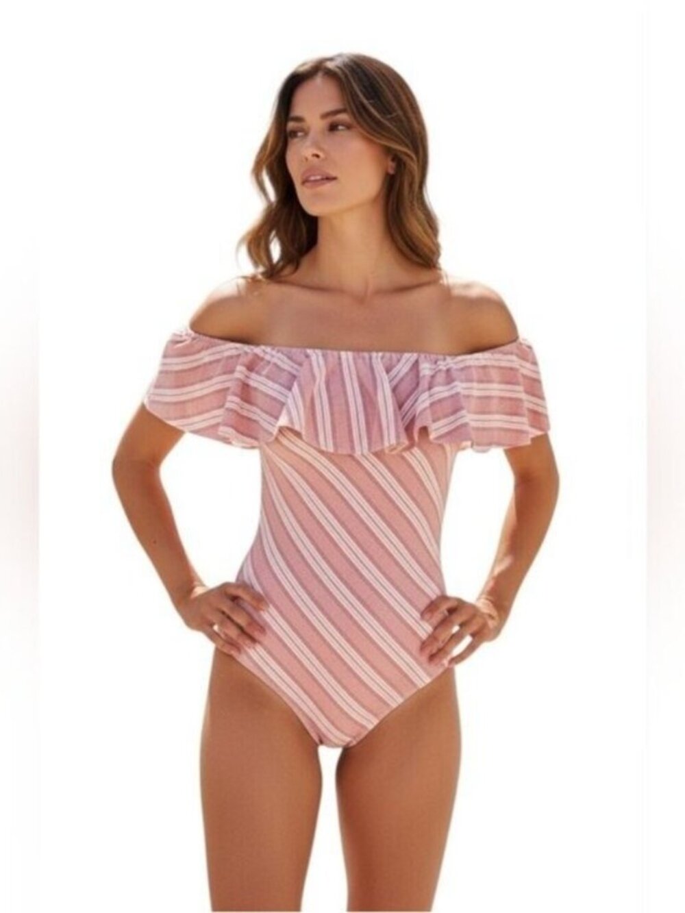 Topshop striped Off The Shoulder Swimsuit Coral Size 10